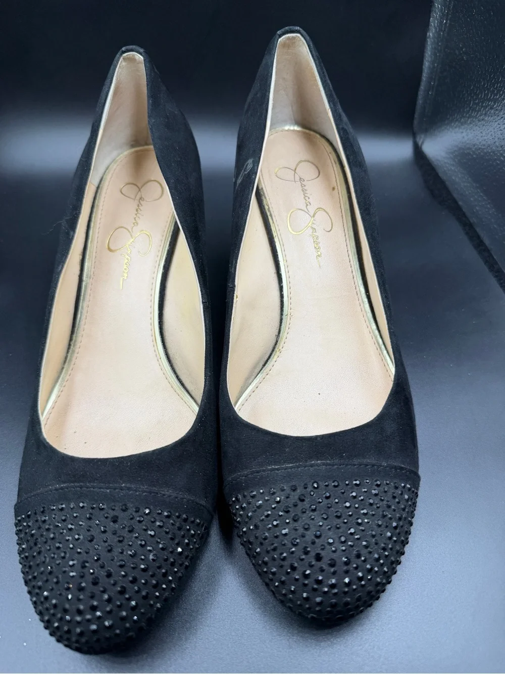 Jessica Simpson Black Suede Crystal-Embellished Pointed Toe Flats